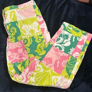 Lilly Pulitzer Pink & Green Patchwork Floral Capri Pants | Size 12